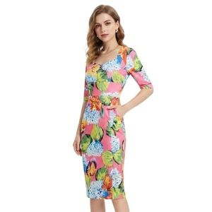 Kaimilan Women's Size 4 Colorful Floral Sweetheart Neck Summer Midi Sheath Dress